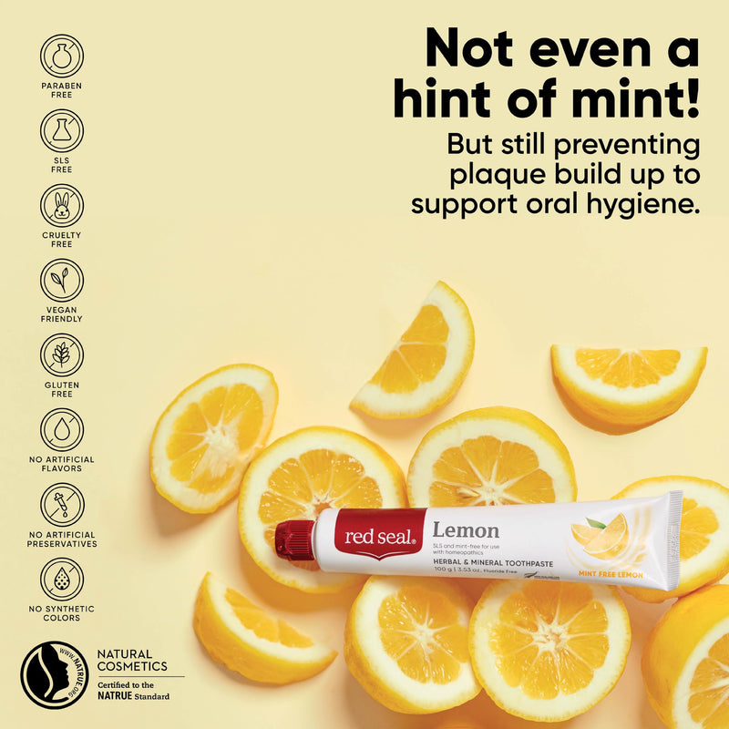 Red Seal Fluoride Free Lemon Toothpaste - Mint-Free Citrus Flavor | Vegan, Cruelty-Free, SLS Free, NATRUE Certified, 3.53 oz