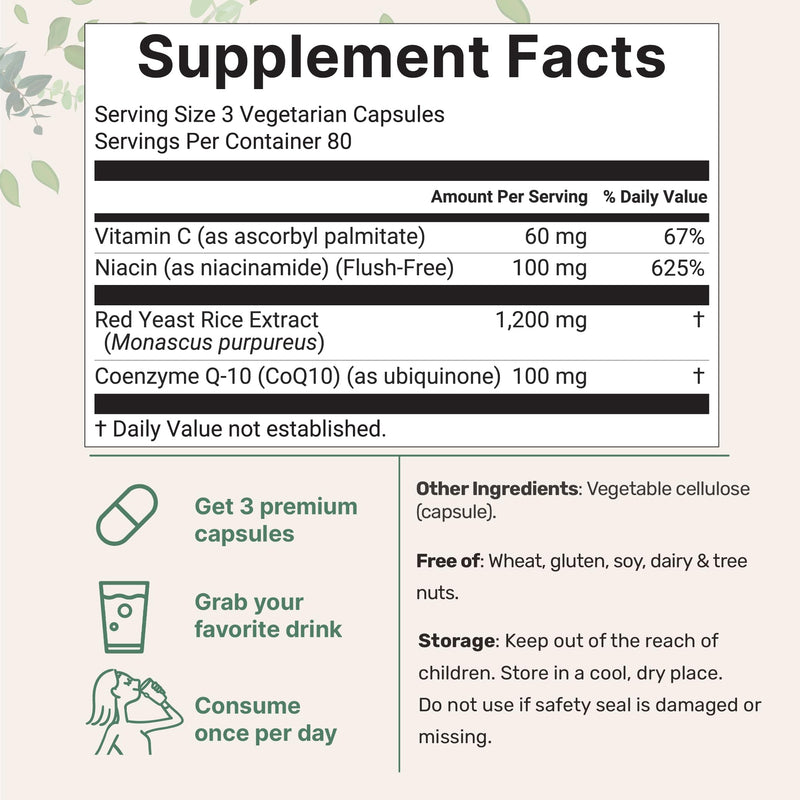 Red Yeast Rice 1,200mg + CoQ10 100mg | 240 Veggie Capsules | 4-in-1 Niacin & Vitamin C for Heart Health