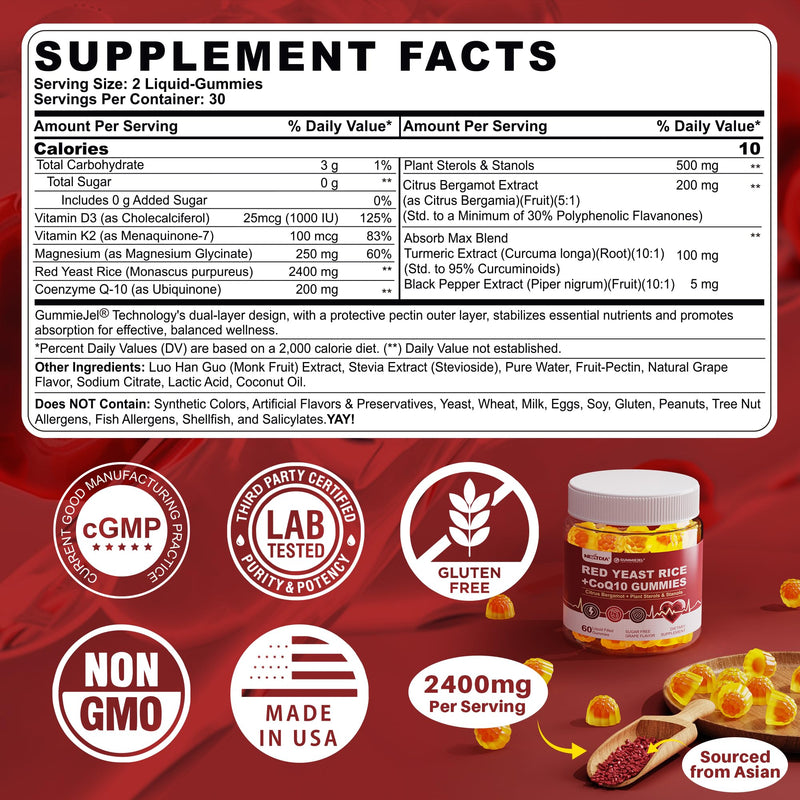 Red Yeast Rice Gummies 2400mg CoQ10 – Sugar-Free Vegan 60 Count | Cholesterol & Vascular Health