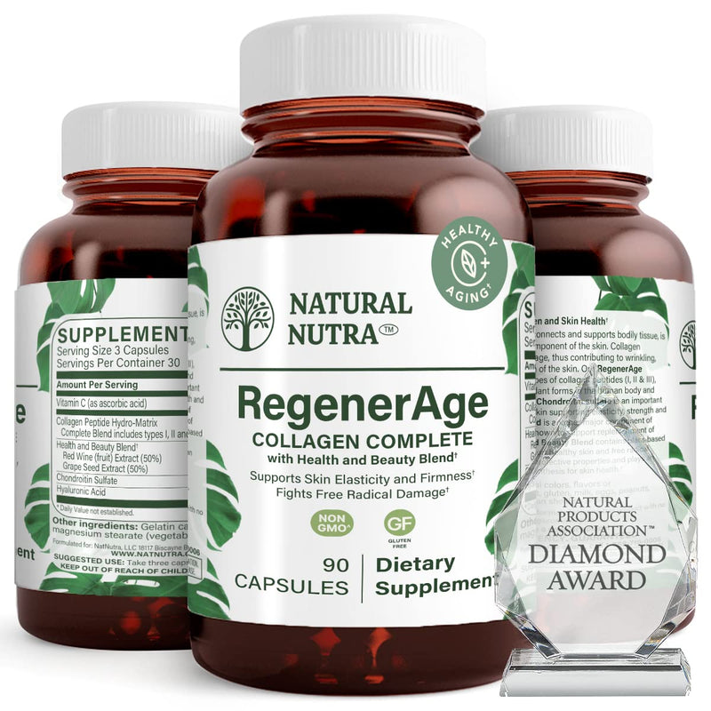 Natural Nutra RegenerAge – Skin Health Supplement with Protein Peptides, Vitamin C, Grape Seed (90 Capsules) – Gluten Free