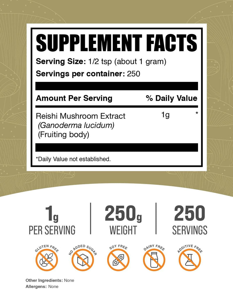 BulkSupplements Reishi Mushroom Extract Powder – 250g, 1g Serving, Gluten Free (Pack of 1)