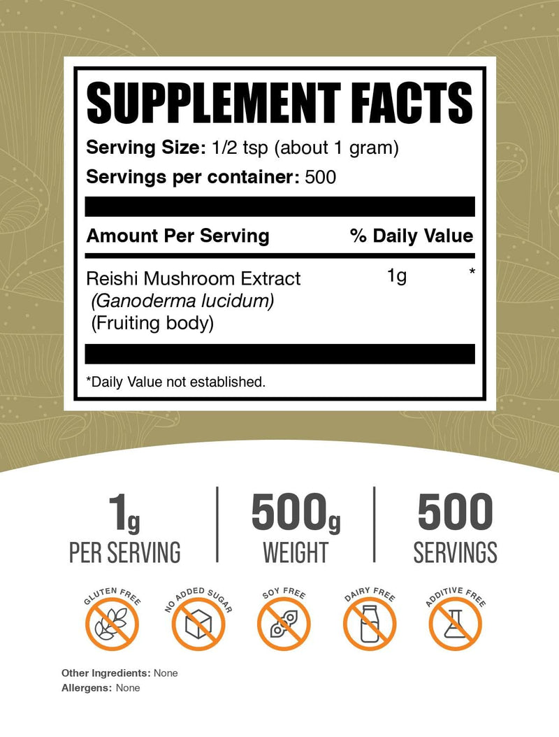 Reishi Mushroom Extract Powder – 500g (1g/Serving) – Gluten Free | BulkSupplements