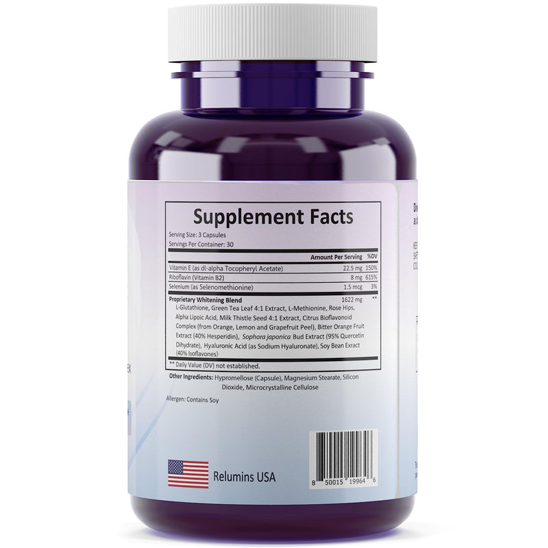 Relumins 1650mg L-Glutathione Complex – Hyaluronic Acid, Made in USA, 2 x 90 Capsules