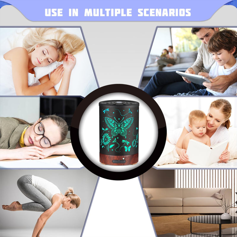 Metal Essential Oils Diffuser 150ML – 7 Color LED, Auto-Off, Cool Mist Humidifier | Gift for Mom (Butterfly)