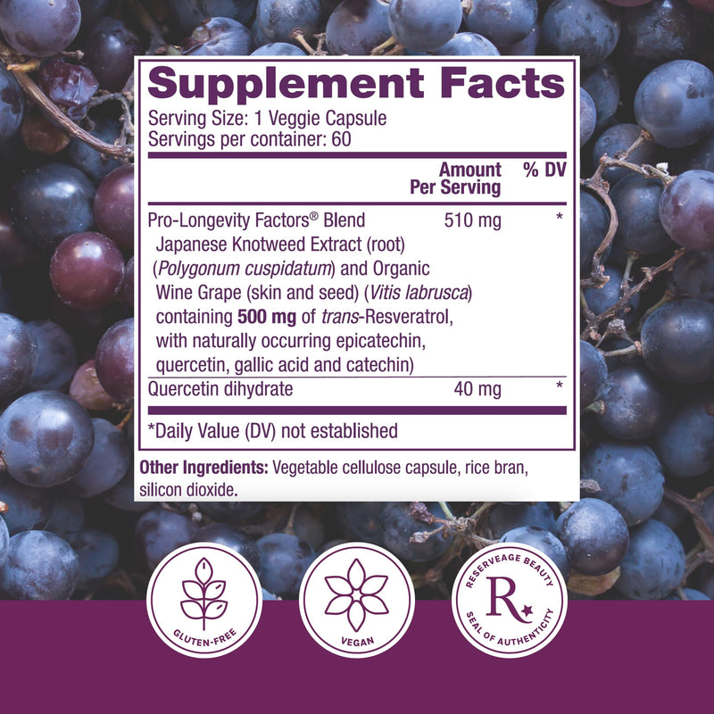 Reserveage Beauty Resveratrol 500 mg — Heart & Cellular Health Antioxidant Support | Vegan Capsule