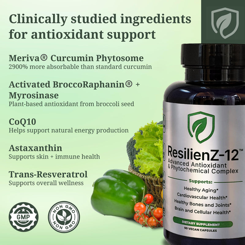 ResilienZ-12 Antioxidants Supplement – 12-in-1 Phytonutrient Complex with Meriva Curcumin Phytosome, Vitamin C, Sulforaphane, Astaxanthin, EGCG Green Tea, CoQ10 & Quercetin – 90 Vegan Capsules