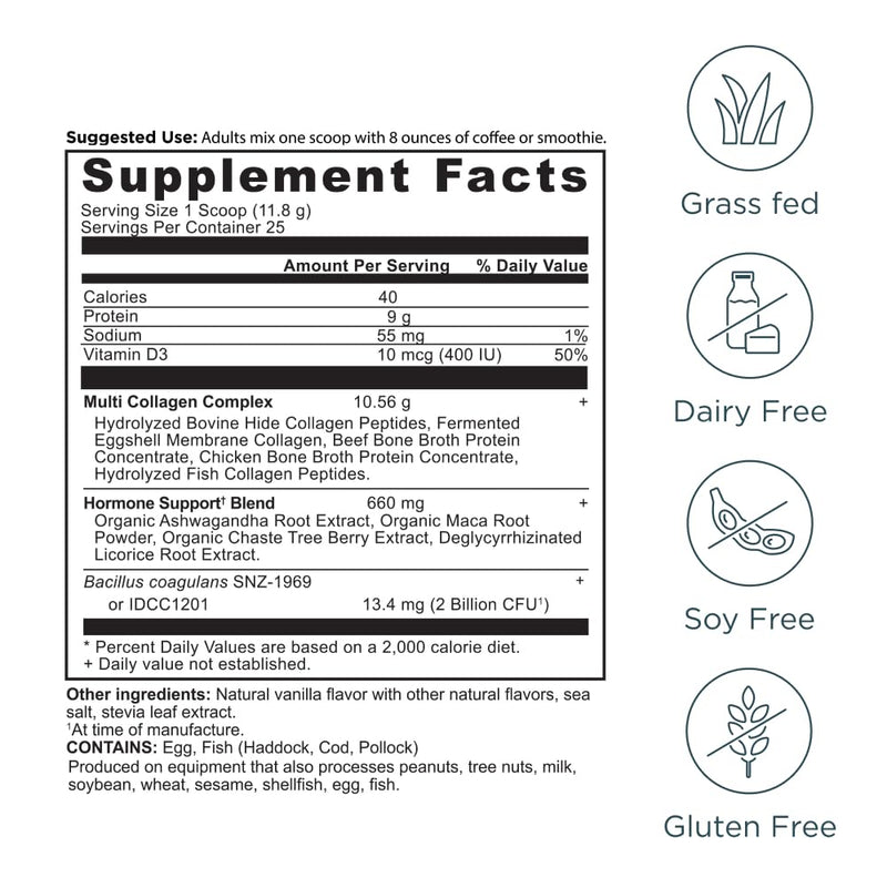 Ancient Nutrition Hormone Balance + Collagen Powder, Vanilla, 25 Servings | Hydrolyzed Collagen Peptides