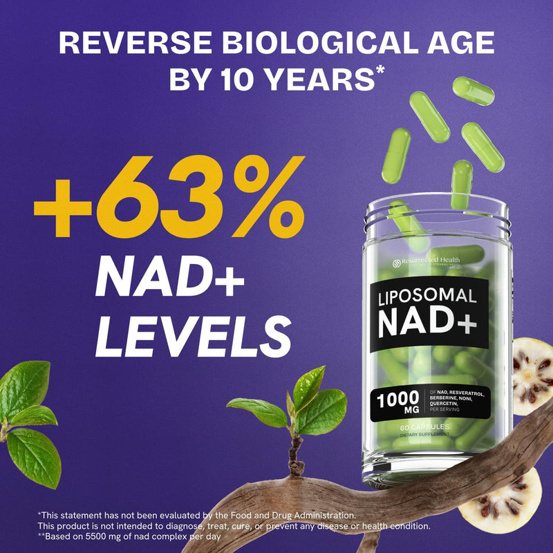 Resurrected Health Liposomal NAD Supplements for Women Resveratrol NAD + Supplement w/Berberine, Quercetin, Noni | Boosts NAD Anti-Aging, Bravfin Support, Gut Heath - 60 Capsules