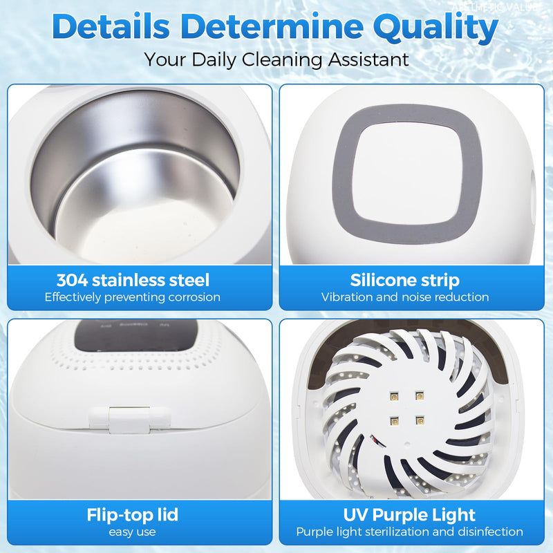 Retainer Cleaner 45kHz Ultrasonic – Dentures, Aligners, Jewelry, Portable (6 Modes)