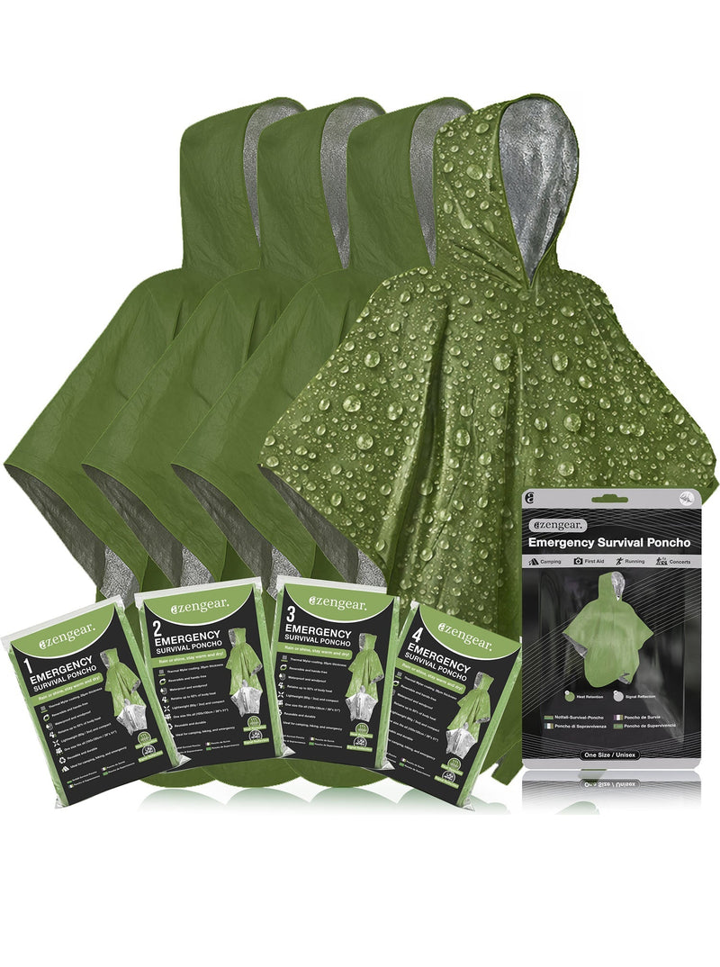 Emergency Survival Poncho (4pc) Thermal Mylar Foil Coating Blanket for Heat Retention and Rain | Reversible with Hood | Waterproof, Windproof, Portable, Hands-free, Outdoor Kit