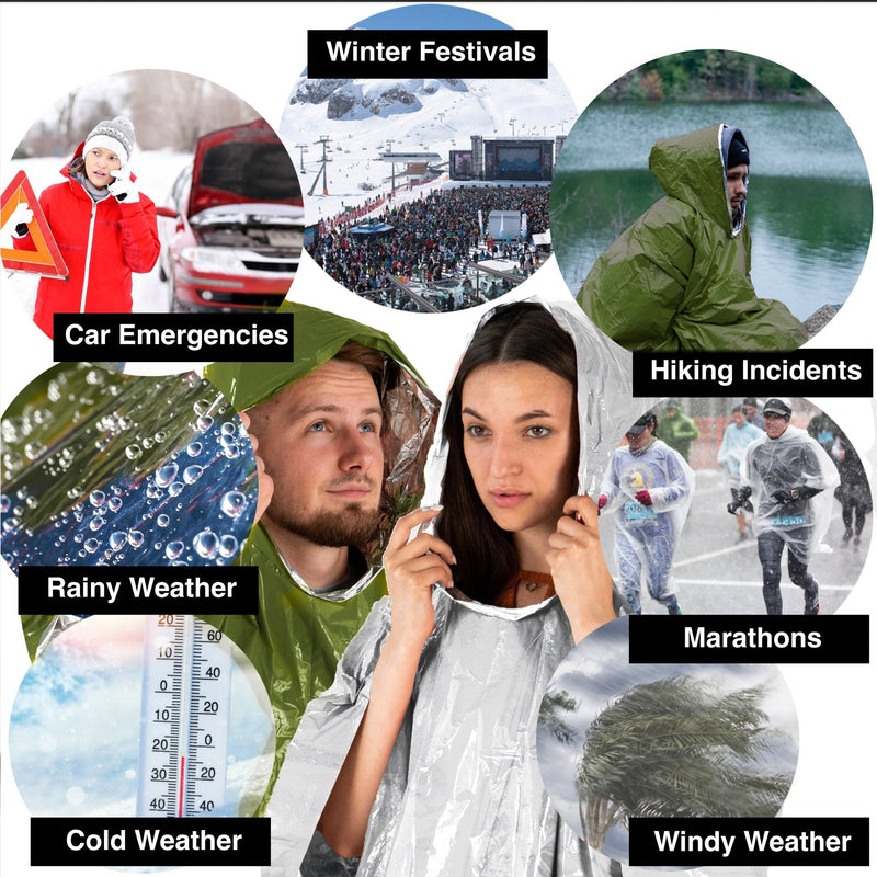 Emergency Survival Poncho (4pc) Thermal Mylar Foil Coating Blanket for Heat Retention and Rain | Reversible with Hood | Waterproof, Windproof, Portable, Hands-free, Outdoor Kit