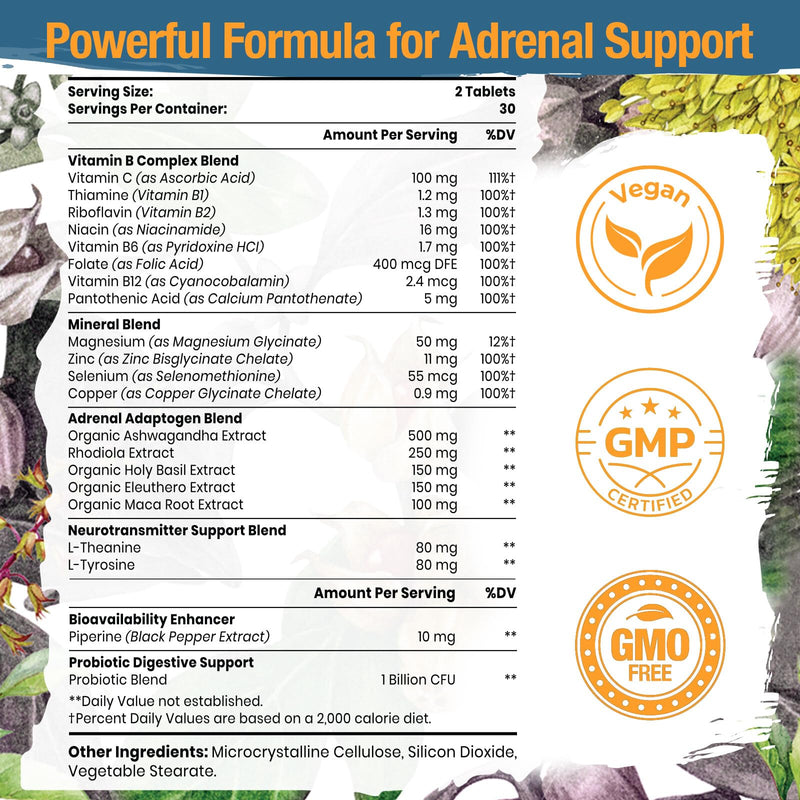 Adrenal Support Adaptogens – Cortisol Support with Rhodiola, Ashwagandha & Eleuthero | 60 Vegan Tablets
