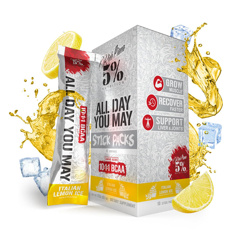 5% Nutrition Rich Piana AllDayYouMay BCAA Powder | 9g of Premium Intra & Post Workout Amino Acids for Hydration, Endurance, Muscle Recovery, Joint & Liver Support (Italian Lemon Ice)