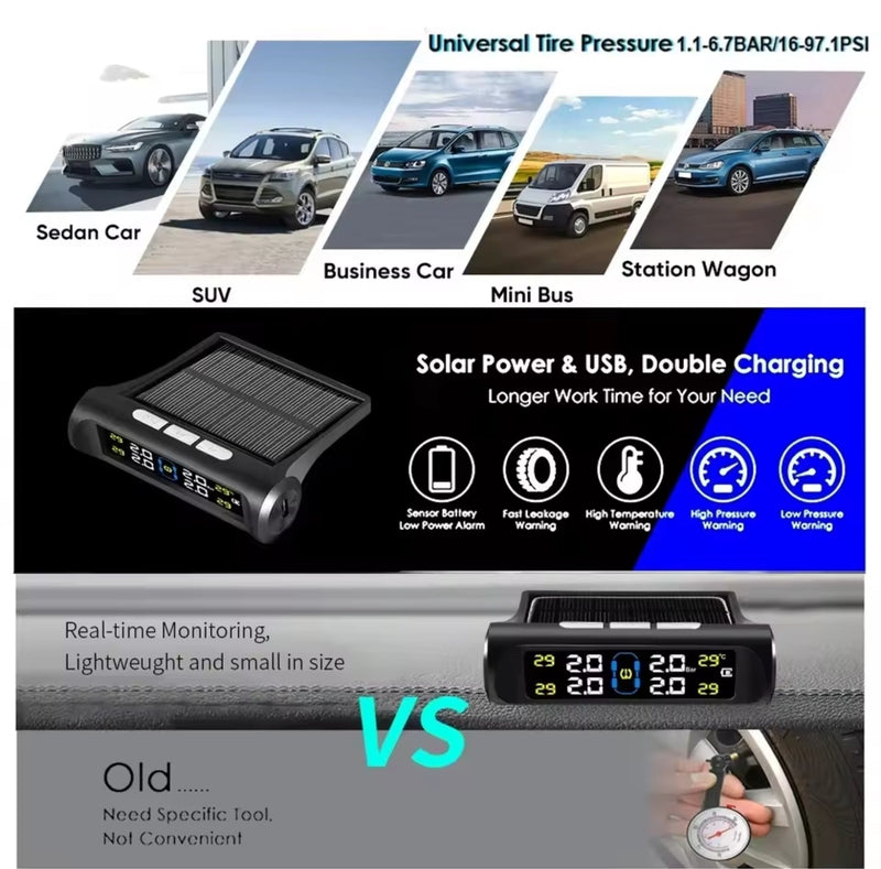 Solar Powered Wireless Tyre Pressure Monitoring System (TPMS) with 4 External Sensors – Real-Time LCD Display, USB Dual Charging, High/Low Pressure & Temperature Alerts for Cars, SUVs, Vans