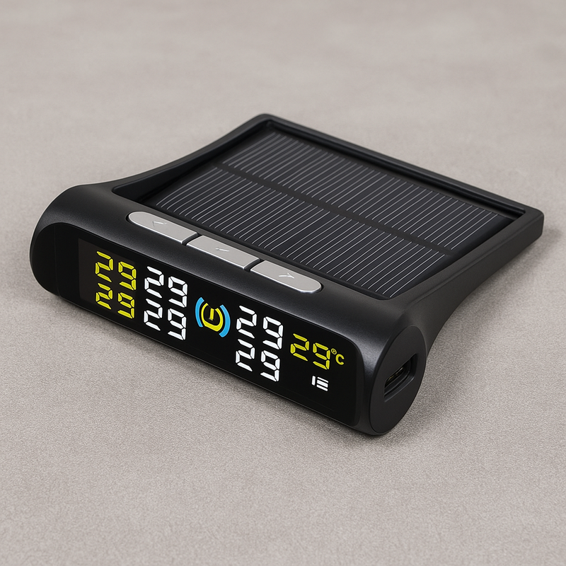 Solar Powered Wireless Tyre Pressure Monitoring System (TPMS) with 4 External Sensors – Real-Time LCD Display, USB Dual Charging, High/Low Pressure & Temperature Alerts for Cars, SUVs, Vans