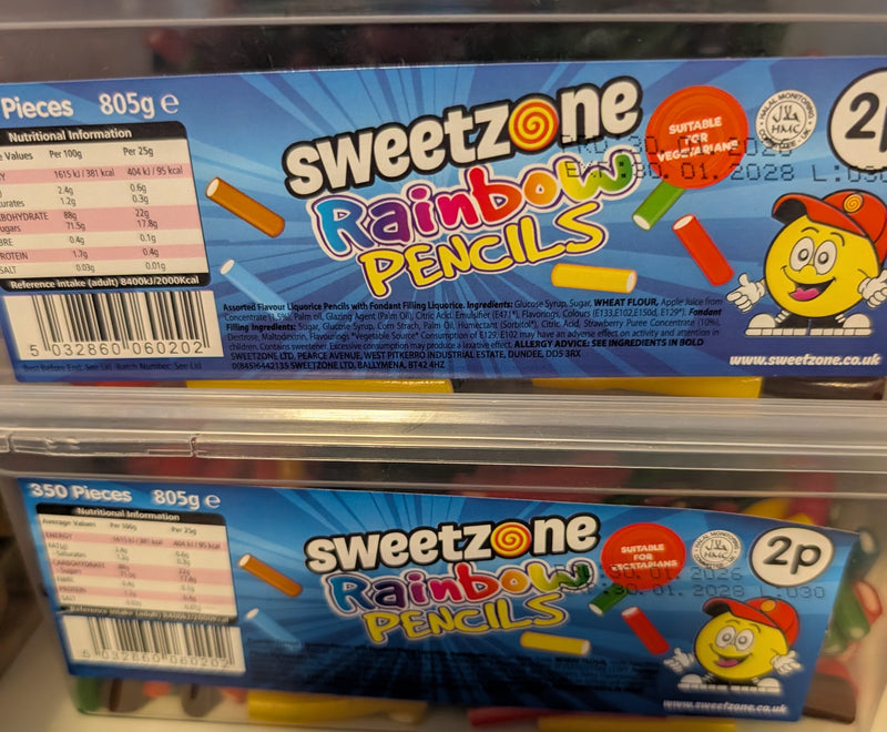Sweetzone Rainbow Pencils Tub | 350 Pieces | Fruity Chewy Sweets