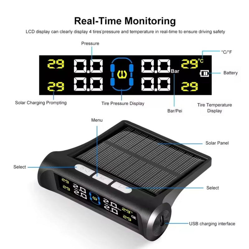Solar Powered Wireless Tyre Pressure Monitoring System (TPMS) with 4 External Sensors – Real-Time LCD Display, USB Dual Charging, High/Low Pressure & Temperature Alerts for Cars, SUVs, Vans