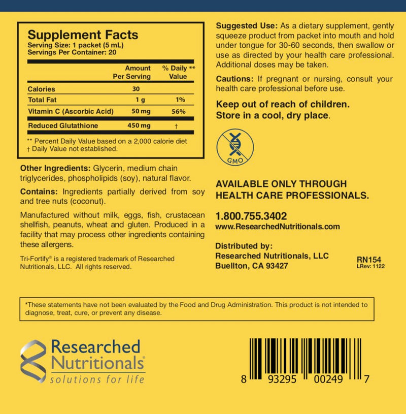 Researched Nutritionals Liposomal Glutathione (450mg) Liquid Gel + Vitamin C – Tri-Fortify, Watermelon, 20 Packets
