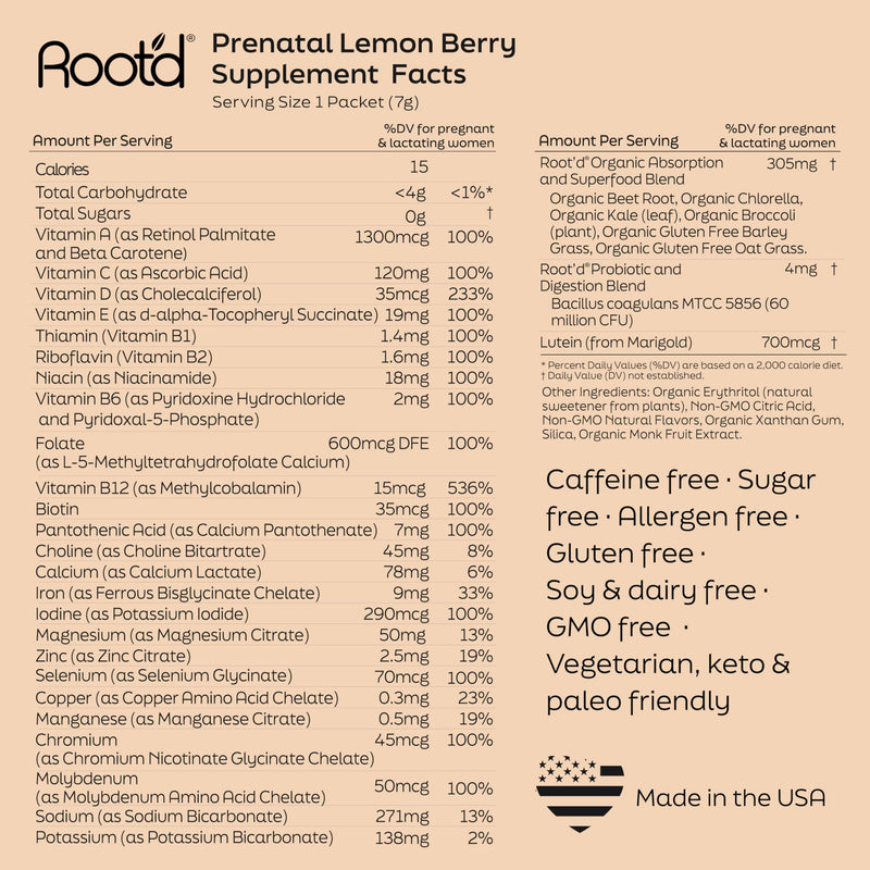 Root'd Prenatal Multivitamin Powder — 25 Vitamins & 3x Electrolytes, Folate, Iron, D3, 7 Superfoods & Probiotics | Sugar-Free | 24 Packets