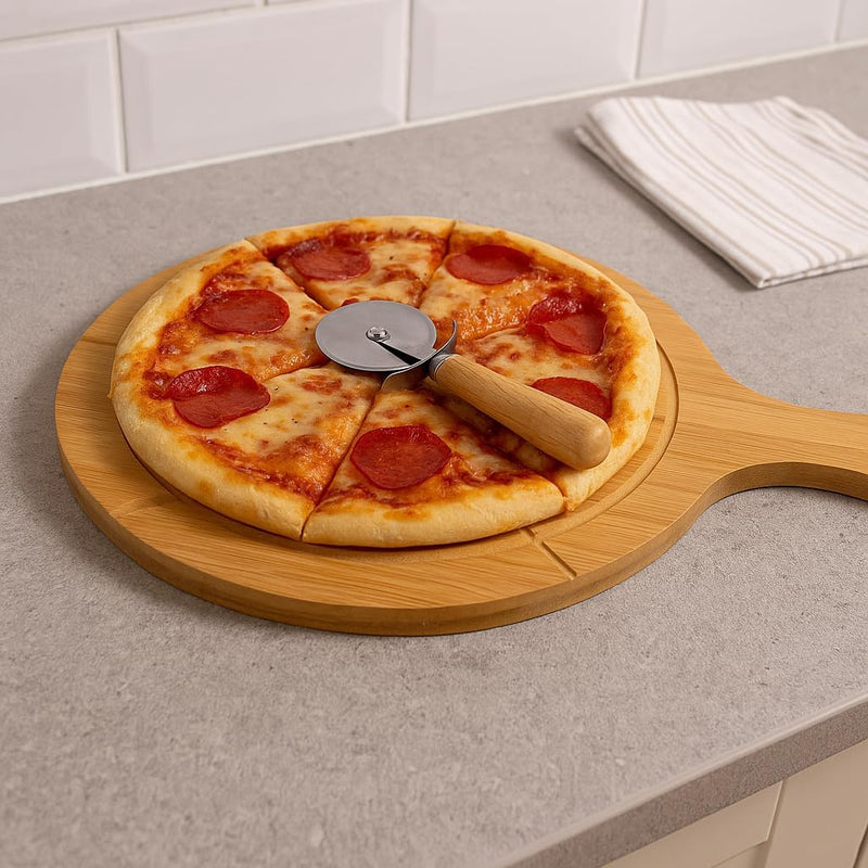 Round Bamboo Pizza Board with Cutter & Serving Handle 30cm