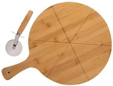 Round Bamboo Pizza Board with Cutter & Serving Handle 30cm