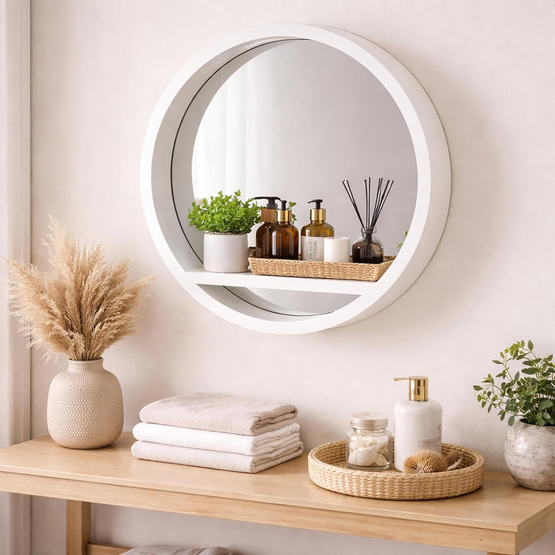 35cm White Round Wall Mirror with Shelf Porthole Design