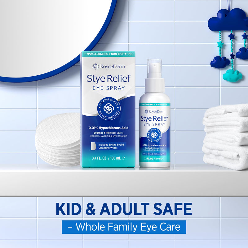 RoyceDerm Stye Eye Spray – Gentle HOCl Eyelid Cleaner with 30 Dry Wipes | No-Rinse Daily Eye Care (3.4 fl oz)