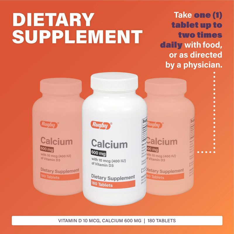 Rugby 600mg Calcium Tablets with 10mcg Vitamin D3 (400IU) – 180 Count, 2 Pack