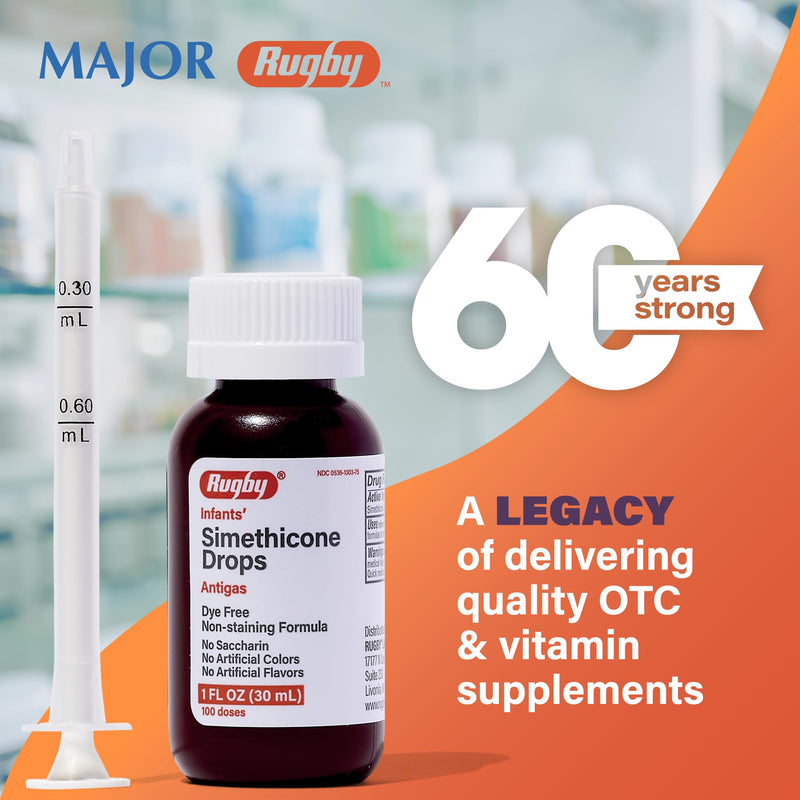 Rugby Dye-Free Infants Gas Drops - Simethicone 20 mg, 1 oz Bottle (4 Pack)