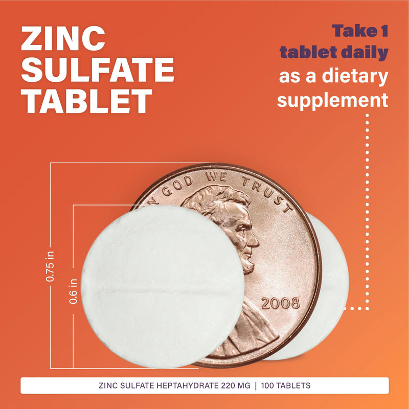 Rugby Zinc Sulfate 220 mg Tablets - Made with Zinc Sulfate Heptahydrate - Dietary Supplement - 100 Count (1 Pack)