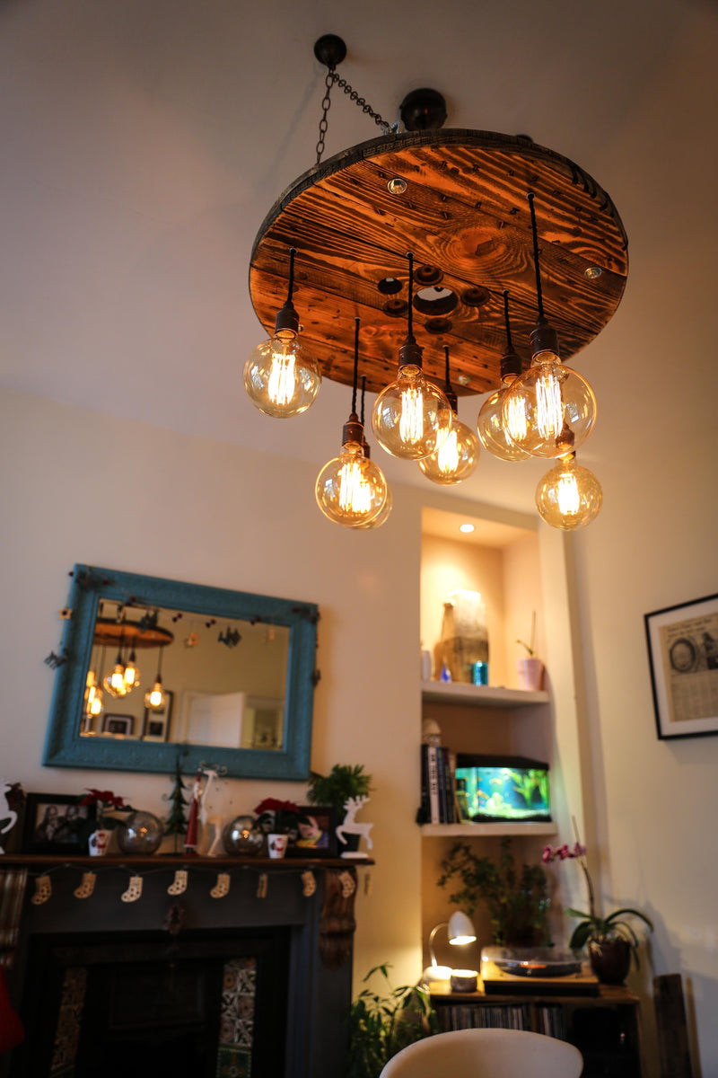 Rustic Industrial Cable Reel Cascade Chandelier