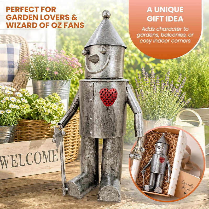 Solar Tin Man Garden Ornament with Light Up Heart Metal Statue 30cm