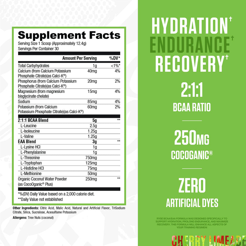 RYSE BCAA EAA Powder – Cherry Limeade | 5g BCAAs, 3g EAAs, Sugar-Free Electrolytes | 30 Servings