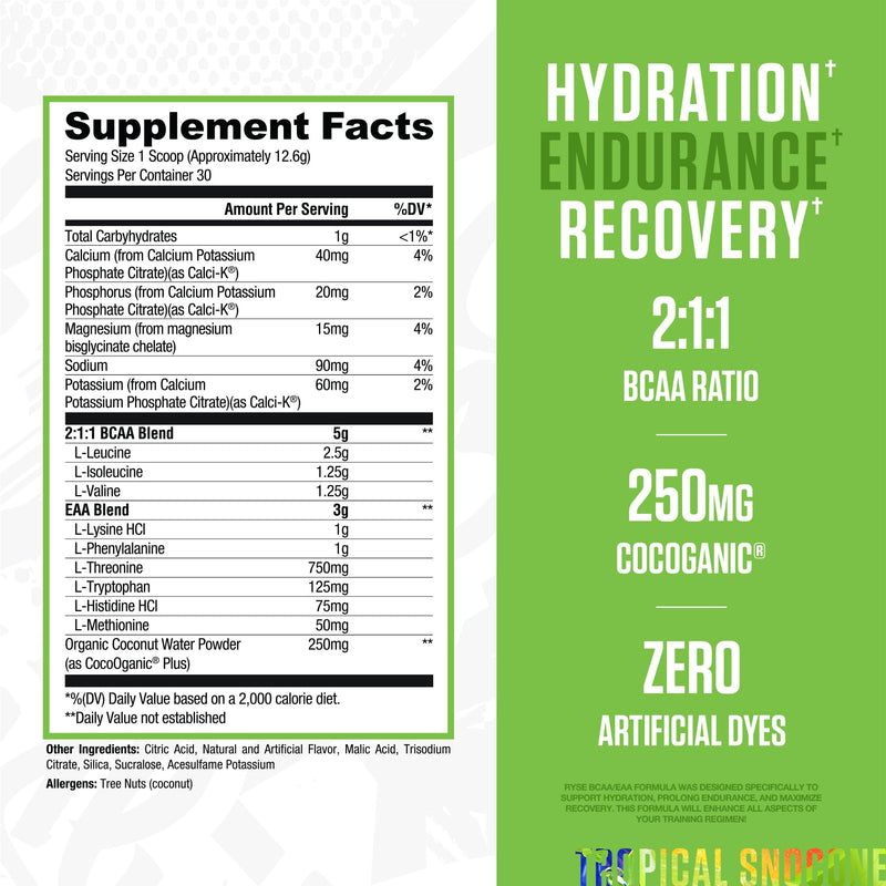 RYSE BCAA EAA Powder Tropical SnoCone – 5g BCAAs, 3g EAAs, Sugar-Free Hydration, 30 Servings