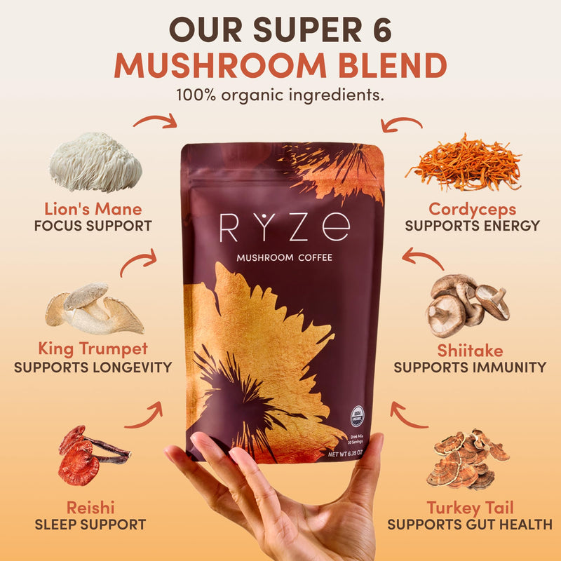 RYZE SUPERFOODS Mushroom Coffee USDA Organic — 6 Adaptogenic Mushrooms + MCT Oil, 30 Servings