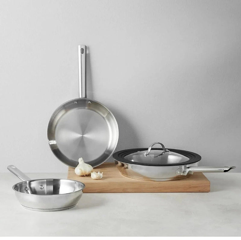 Full Induction Stainless Steel 3pc Fry pan Set with Universal Lid, 20/24/28 cm