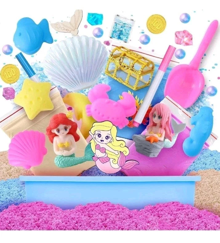 Mermaid Magic Sandbox Kit with 900g Magic Sand, Castle Molds, Gems, Sensory Toys