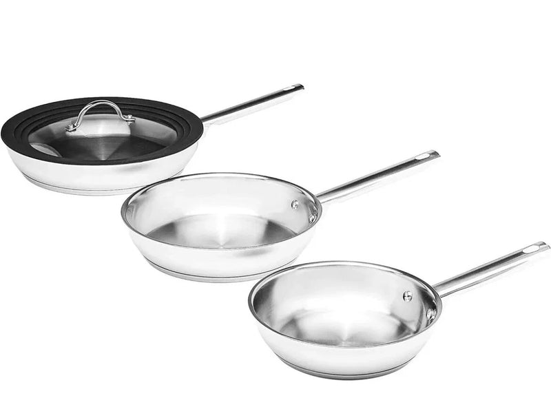 Full Induction Stainless Steel 3pc Fry pan Set with Universal Lid, 20/24/28 cm