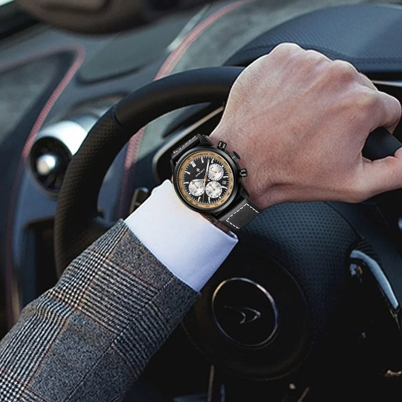 Aknight Men's Chronograph-Style Wrist Watch – Black Case, Genuine Leather Strap, Black & Gold Dial