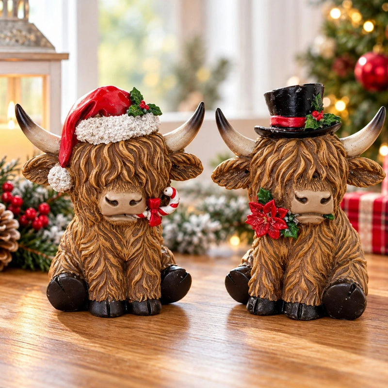 Set of 2 Christmas Highland Cow Ornaments