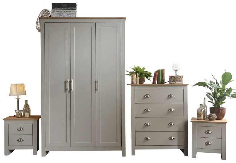 Lancaster Grey 4 Piece Bedroom Furniture Set – 3 Door Wardrobe, 2 Bedside Tables & 4 Drawer Chest