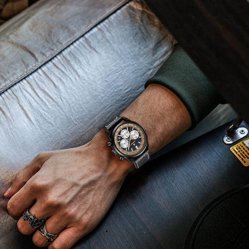 Aknight Men's Chronograph-Style Wrist Watch – Black Case, Genuine Leather Strap, Black & Gold Dial