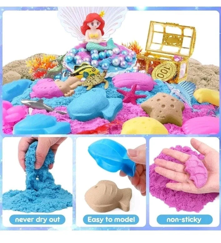 Mermaid Magic Sandbox Kit with 900g Magic Sand, Castle Molds, Gems, Sensory Toys
