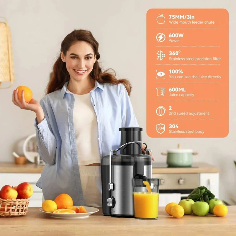 SEJOY 600W Compact Juicer – Whole-Fruit Juice Extractor with 2 Speeds