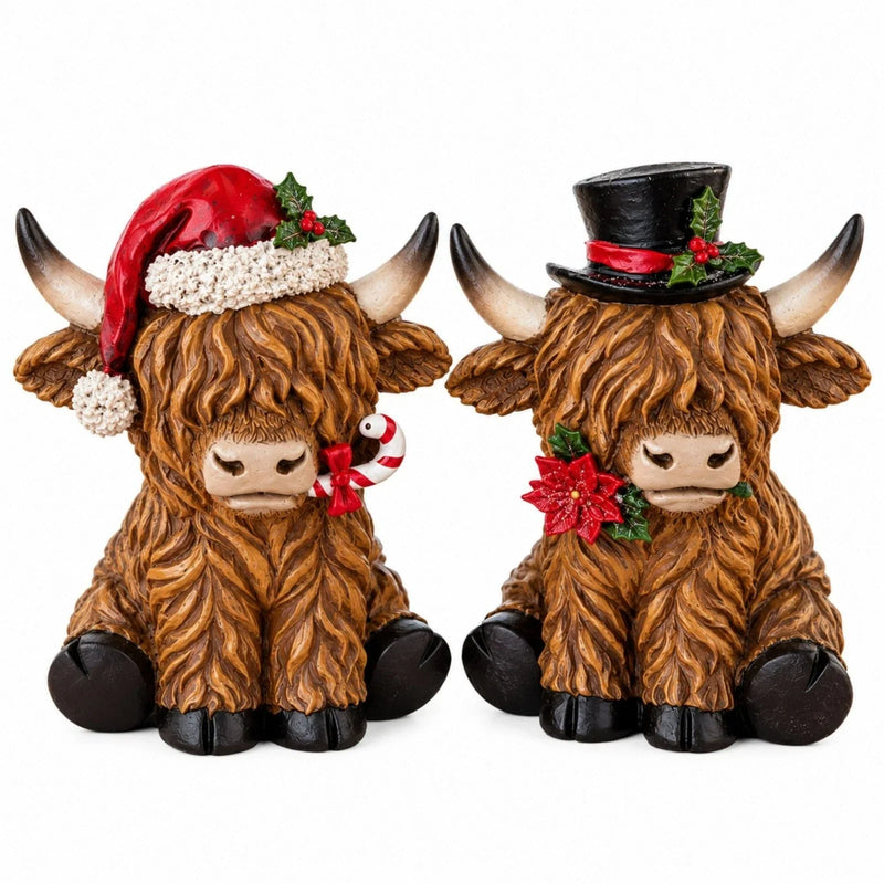 Set of 2 Christmas Highland Cow Ornaments