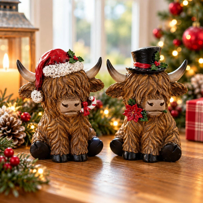 Set of 2 Christmas Highland Cow Ornaments