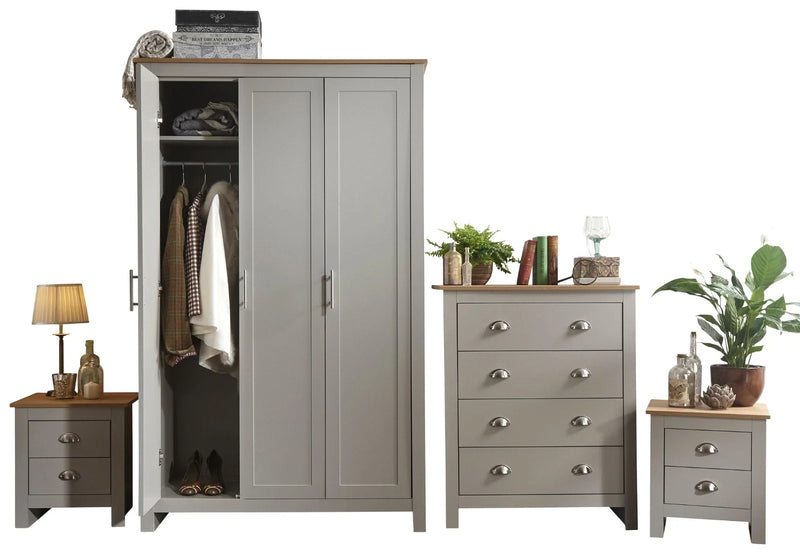 Lancaster Grey 4 Piece Bedroom Furniture Set – 3 Door Wardrobe, 2 Bedside Tables & 4 Drawer Chest