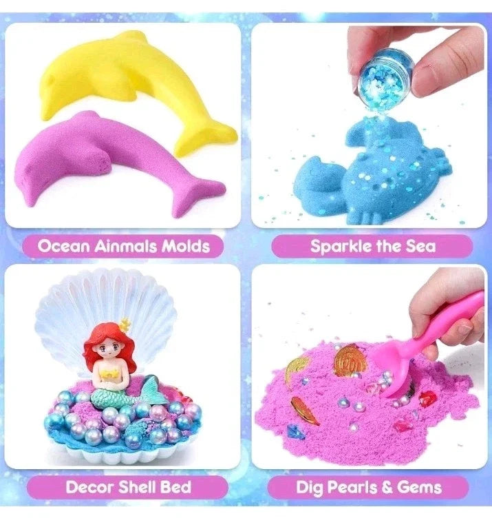 Mermaid Magic Sandbox Kit with 900g Magic Sand, Castle Molds, Gems, Sensory Toys