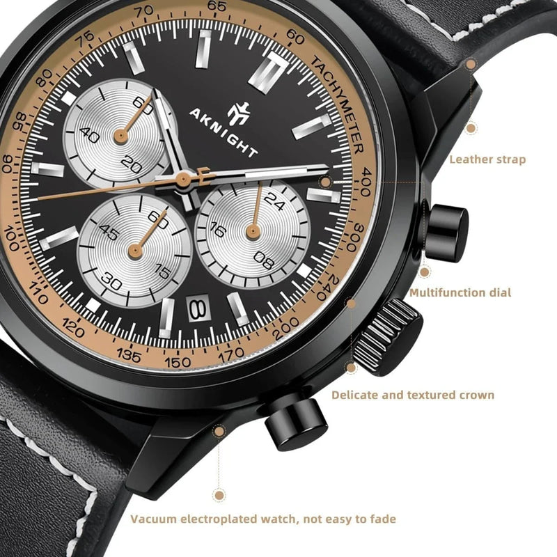 Aknight Men's Chronograph-Style Wrist Watch – Black Case, Genuine Leather Strap, Black & Gold Dial