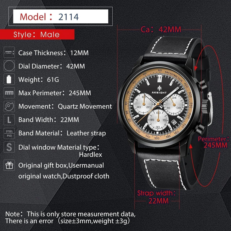 Aknight Men's Chronograph-Style Wrist Watch – Black Case, Genuine Leather Strap, Black & Gold Dial